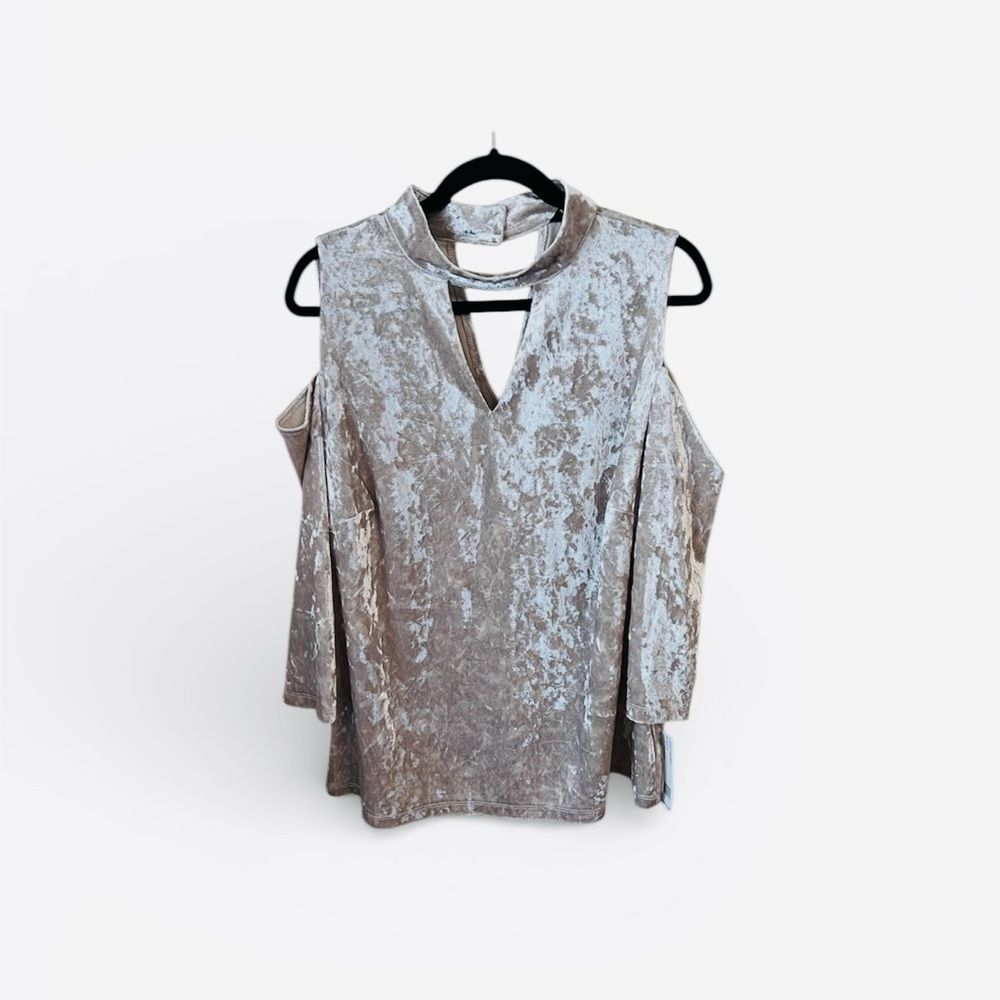 NWT Zac & Rachel Women's Velvet Cold Shoulder Top Blouse Champagne 2X